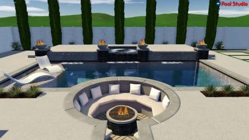 high-end swimming pool design concept with fire pit