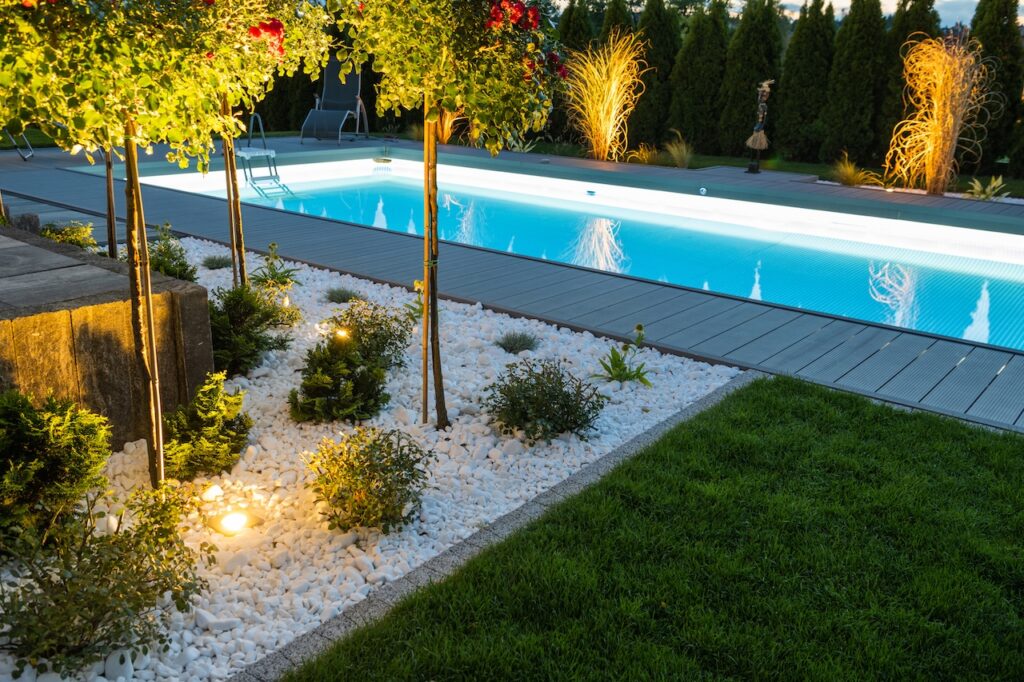 residential swimming pool at night